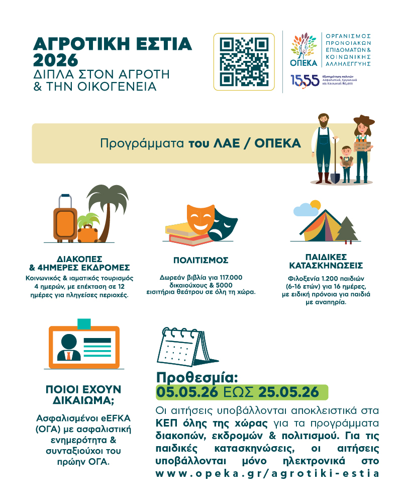 Ο ΟΠΕΚΑ με αίσθημα κοινωνικής ευθύνης απέναντι στον αγροτικό πληθυσμό της χώρας συνεχίζει και επεκτείνει τη λειτουργία του Λογαριασμού Αγροτικής Εστίας (ΛΑΕ).