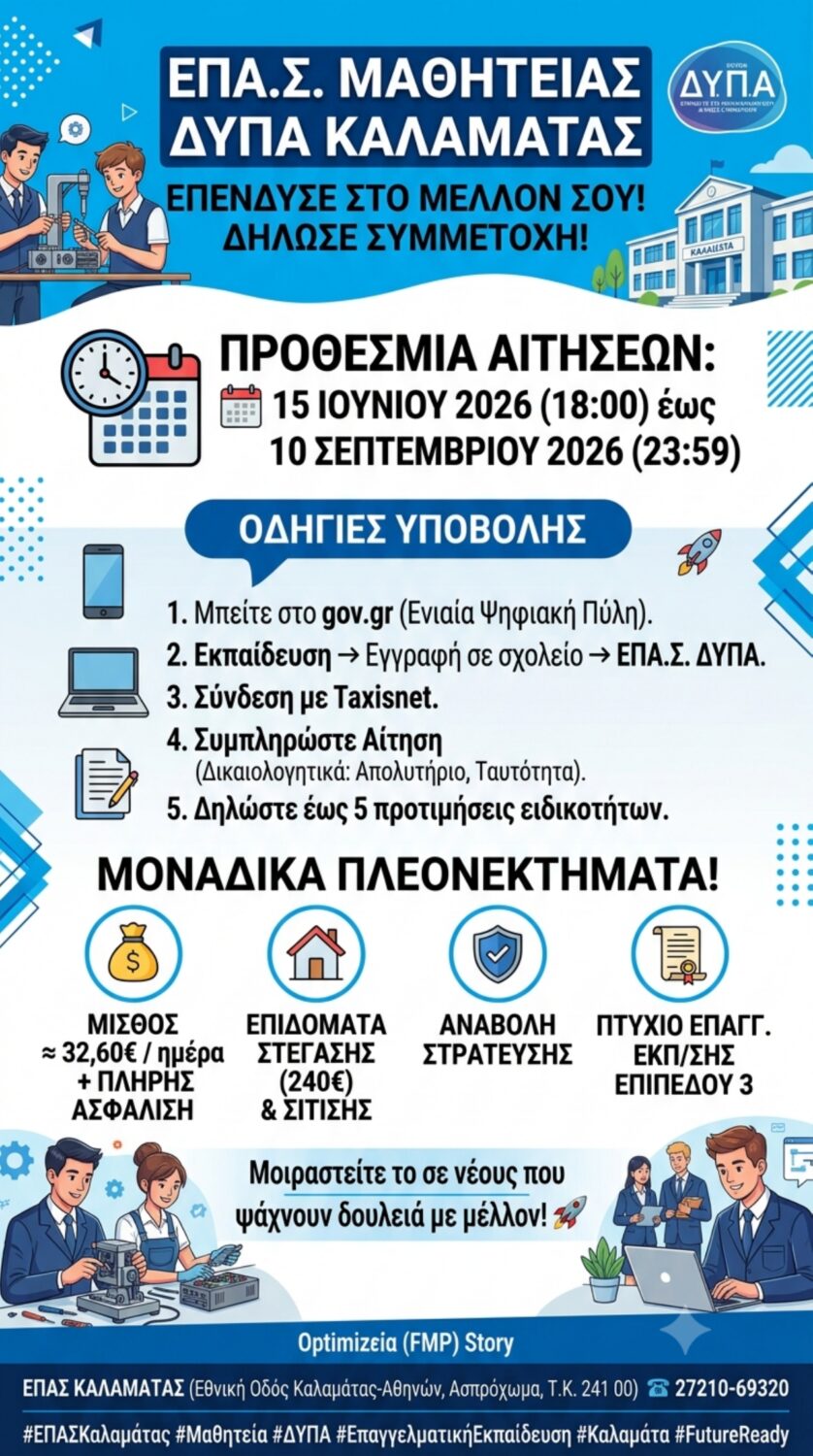 Ανοιχτές οι αιτήσεις για την ΕΠΑ.Σ. Μαθητείας Καλαμάτας της Δ.ΥΠ.Α. – Δωρεάν σπουδές με αμειβόμενη μαθητεία για νέους 15 έως 29 ετών